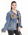 ADJKT001 Genuine leather Hand tooled hand carved Women 100% cotton Denim jacket  dress ladies girl