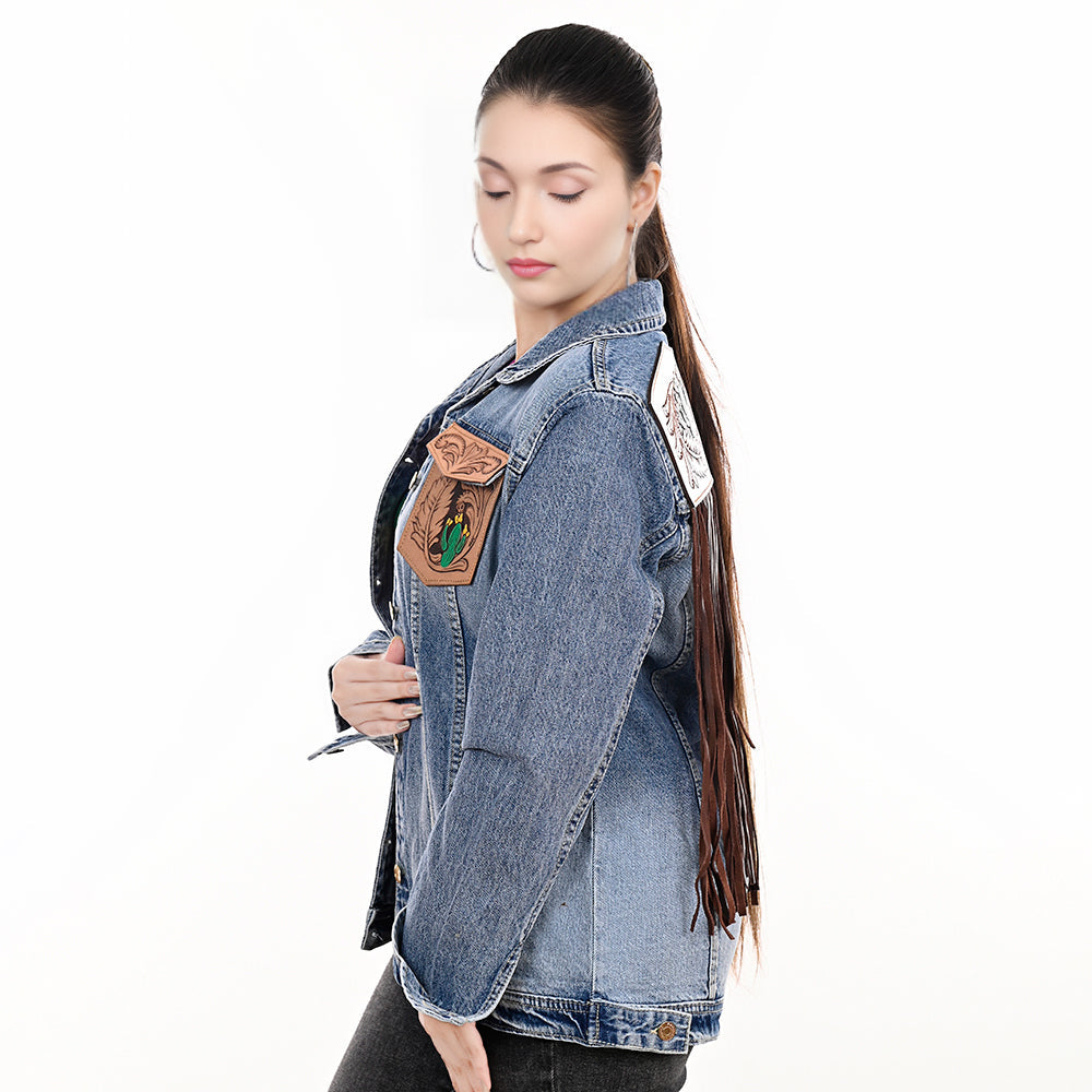 ADJKT001 Genuine leather Hand tooled hand carved Women 100% cotton Denim jacket  dress ladies girl