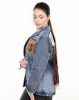 ADJKT001 Genuine leather Hand tooled hand carved Women 100% cotton Denim jacket  dress ladies girl
