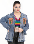 ADJKT001 Genuine leather Hand tooled hand carved Women 100% cotton Denim jacket  dress ladies girl