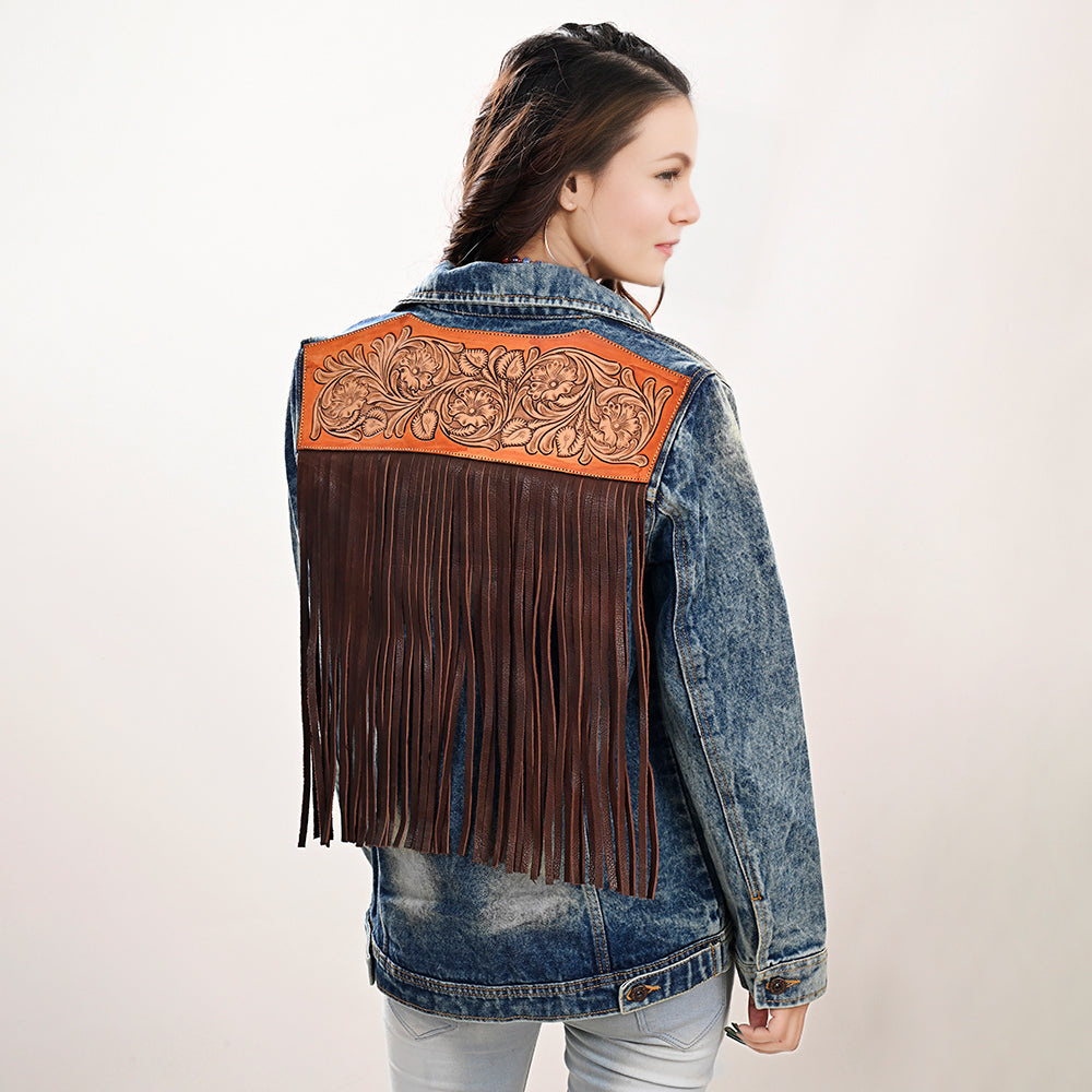 ADJKT005 Genuine leather Hand tooled hand carved Women 100% cotton Denim jacket  dress ladies girl