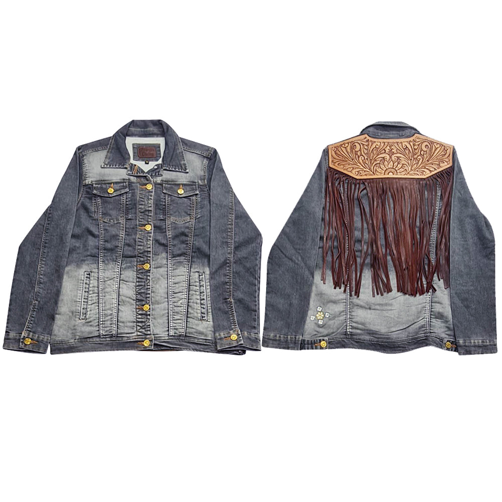 ADJKT601 Genuine leather Hand tooled hand carved Women 100% cotton Denim jacket  dress ladies girl