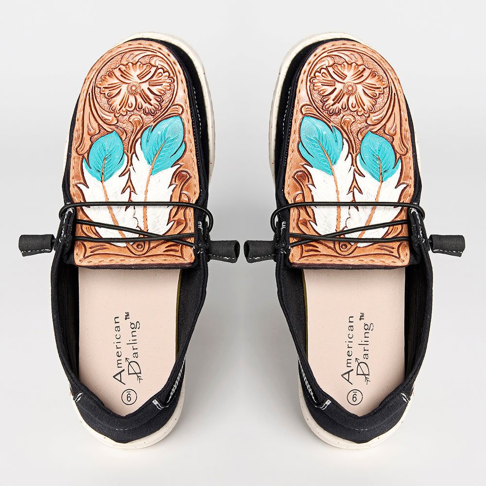 American Darling ADFT133BK3 Hand tooled carved genuine leather trim lightweight shoe footwear slip on