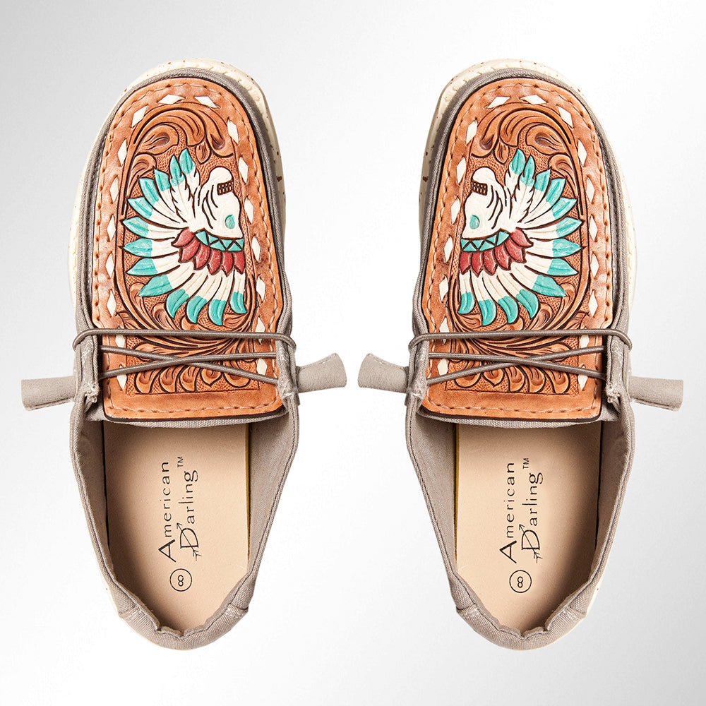 American Darling ADFT133GR1 Hand tooled carved genuine leather trim lightweight shoe footwear slip on