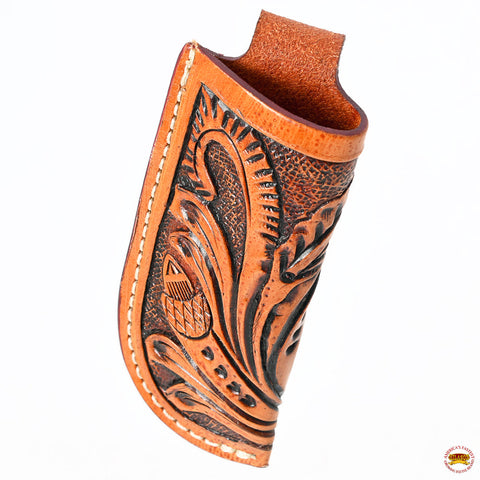 Hilason Folding Knife Sheath Floral Hand Tooled Genuine Leather Brown