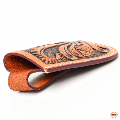 Hilason Folding Knife Sheath Floral Hand Tooled Genuine Leather Brown