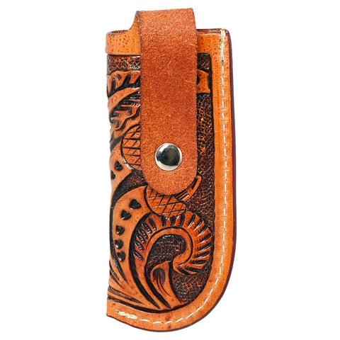 Hilason Folding Knife Sheath Floral Hand Tooled Genuine Leather Brown