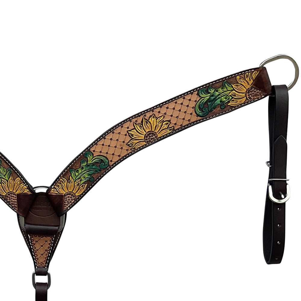 HILASON Western Horse Headstall &amp; Breast Collar Tack Set American Leather Sunflower Carving Brown