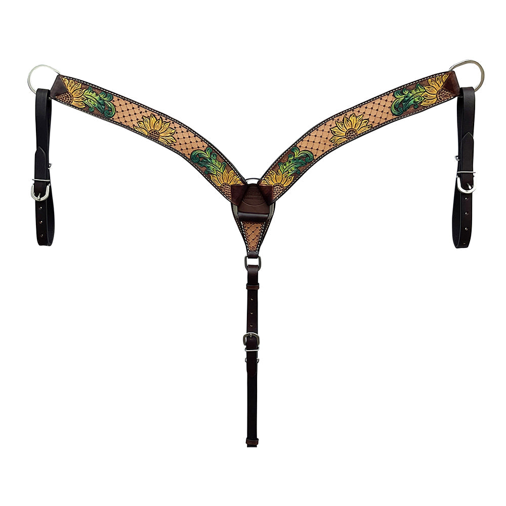 HILASON Western Horse Headstall &amp; Breast Collar Tack Set American Leather Sunflower Carving Brown