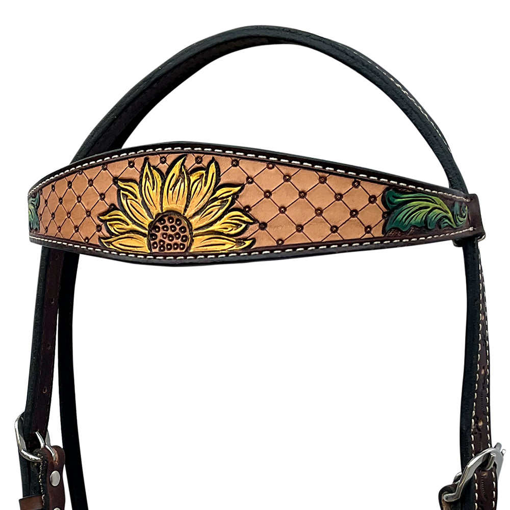 HILASON Western Horse Headstall &amp; Breast Collar Tack Set American Leather Sunflower Carving Brown