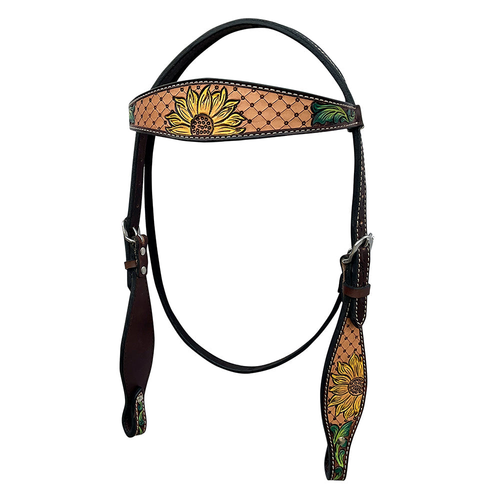 HILASON Western Horse Headstall &amp; Breast Collar Tack Set American Leather Sunflower Carving Brown