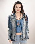 ADJKT018 Genuine leather Hand tooled hand carved Women 100% cotton Denim jacket  dress ladies girl