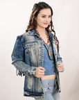 ADJKT018 Genuine leather Hand tooled hand carved Women 100% cotton Denim jacket  dress ladies girl