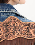 ADJKT018 Genuine leather Hand tooled hand carved Women 100% cotton Denim jacket  dress ladies girl