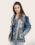 ADJKT018 Genuine leather Hand tooled hand carved Women 100% cotton Denim jacket  dress ladies girl