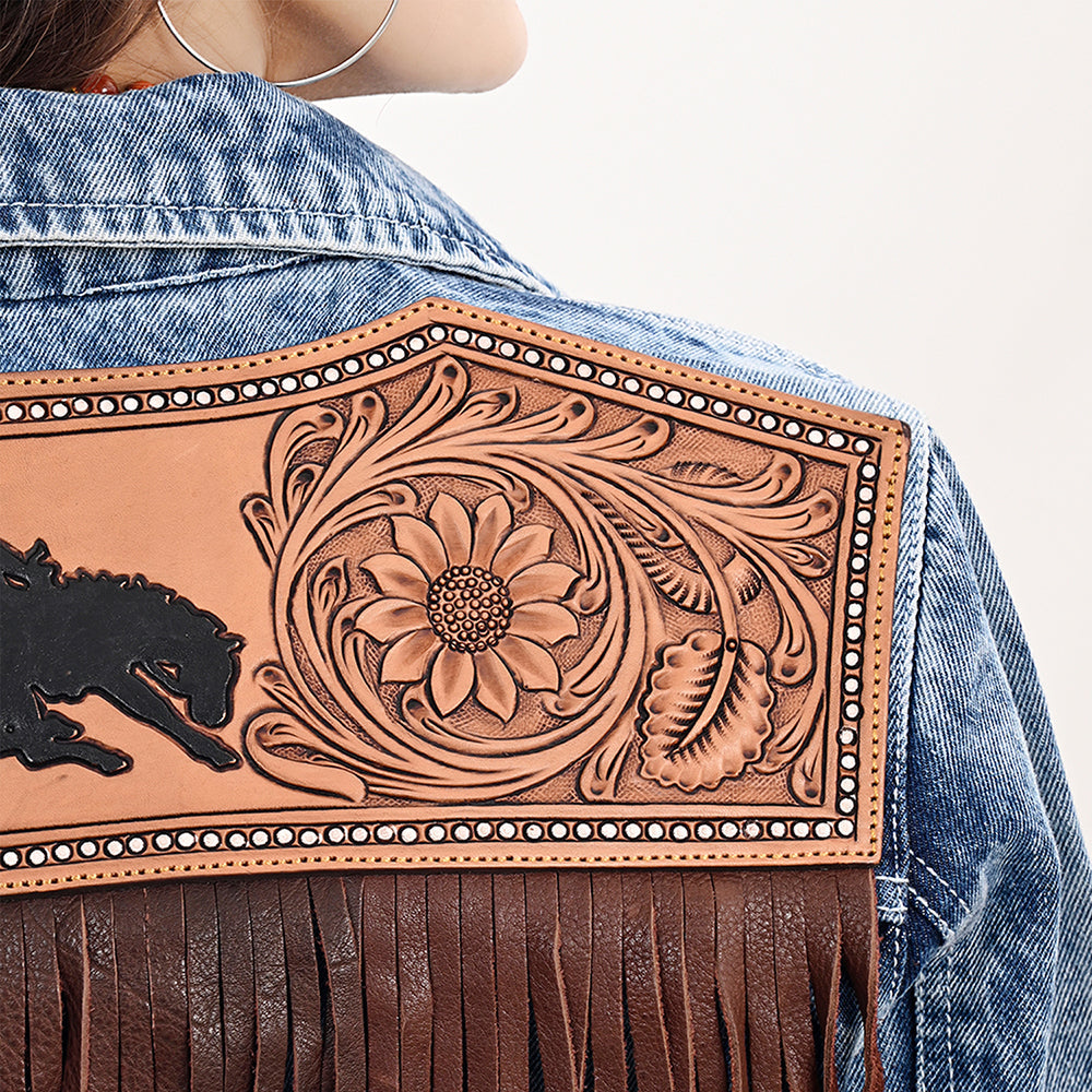 ADJKT022 Genuine leather Hand tooled hand carved Women 100% cotton Denim jacket  dress ladies girl