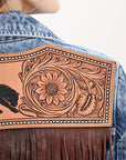 ADJKT022 Genuine leather Hand tooled hand carved Women 100% cotton Denim jacket  dress ladies girl