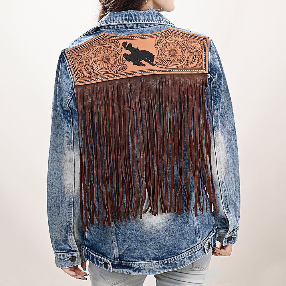 ADJKT022 Genuine leather Hand tooled hand carved Women 100% cotton Denim jacket  dress ladies girl