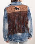 ADJKT022 Genuine leather Hand tooled hand carved Women 100% cotton Denim jacket  dress ladies girl