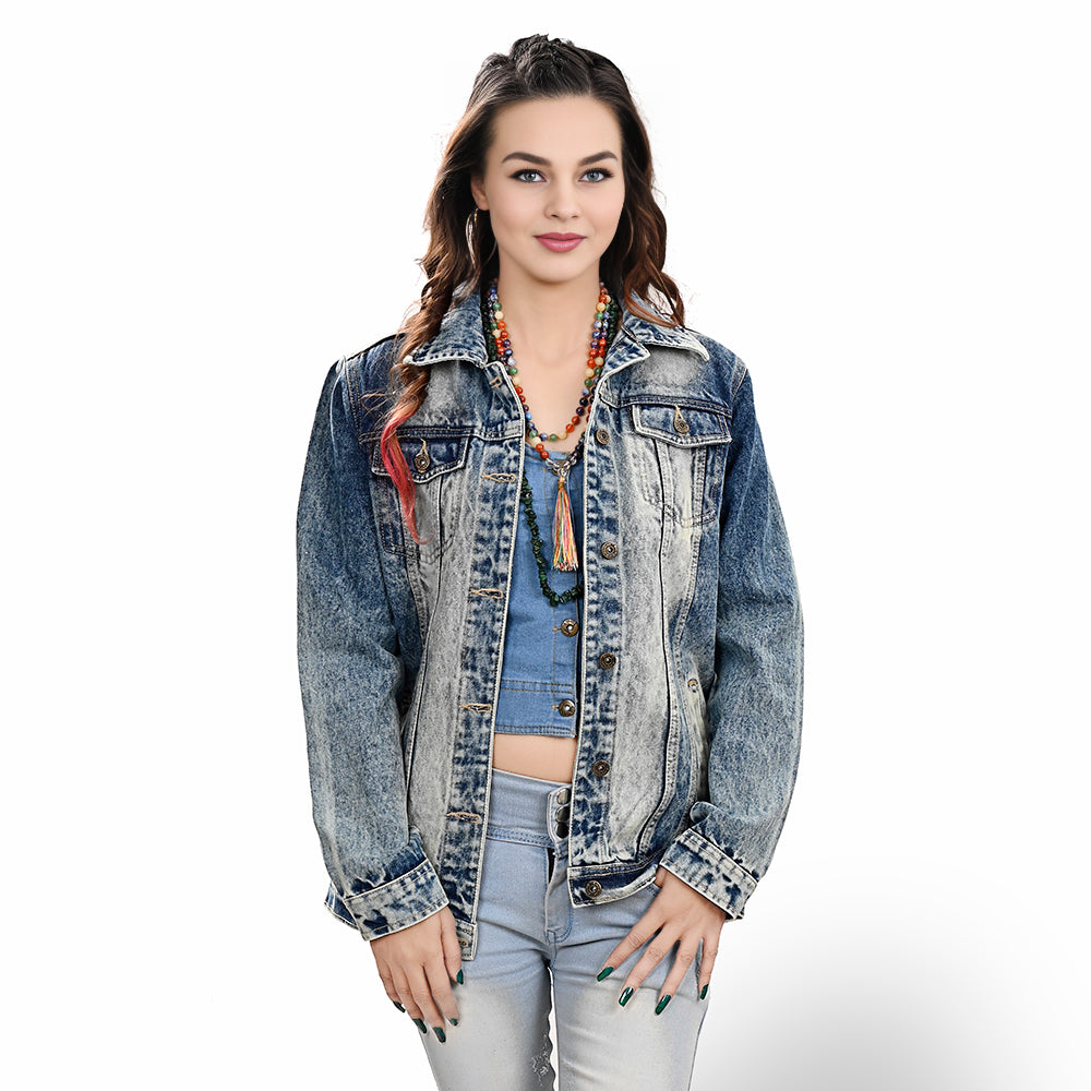 ADJKT027 Genuine leather Hand tooled hand carved Women 100% cotton Denim jacket  dress ladies girl