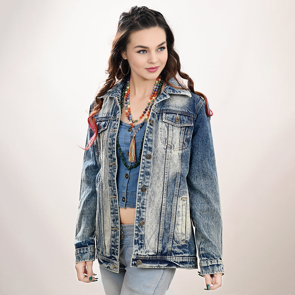 ADJKT027 Genuine leather Hand tooled hand carved Women 100% cotton Denim jacket  dress ladies girl
