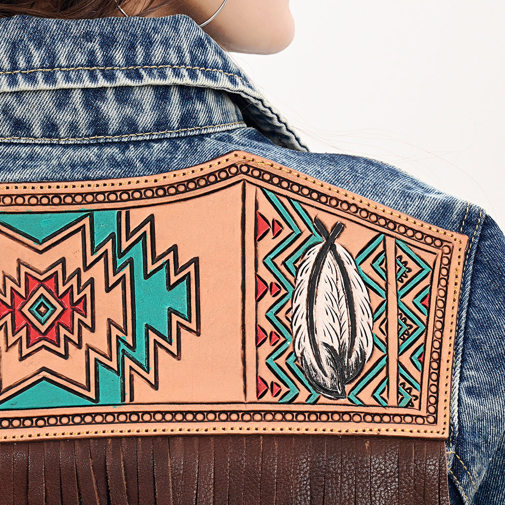 ADJKT027 Genuine leather Hand tooled hand carved Women 100% cotton Denim jacket  dress ladies girl