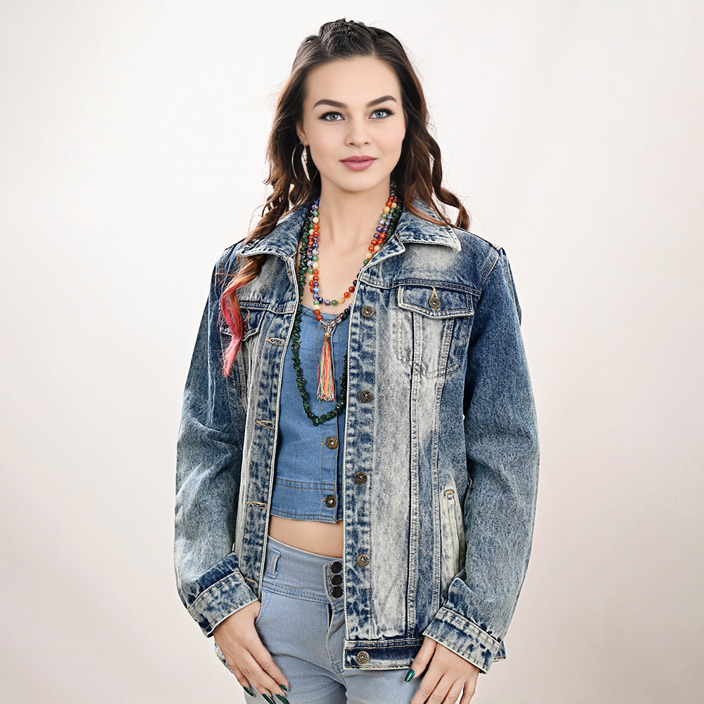 ADJKT027 Genuine leather Hand tooled hand carved Women 100% cotton Denim jacket  dress ladies girl