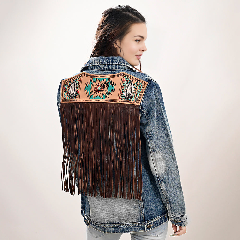 ADJKT027 Genuine leather Hand tooled hand carved Women 100% cotton Denim jacket  dress ladies girl