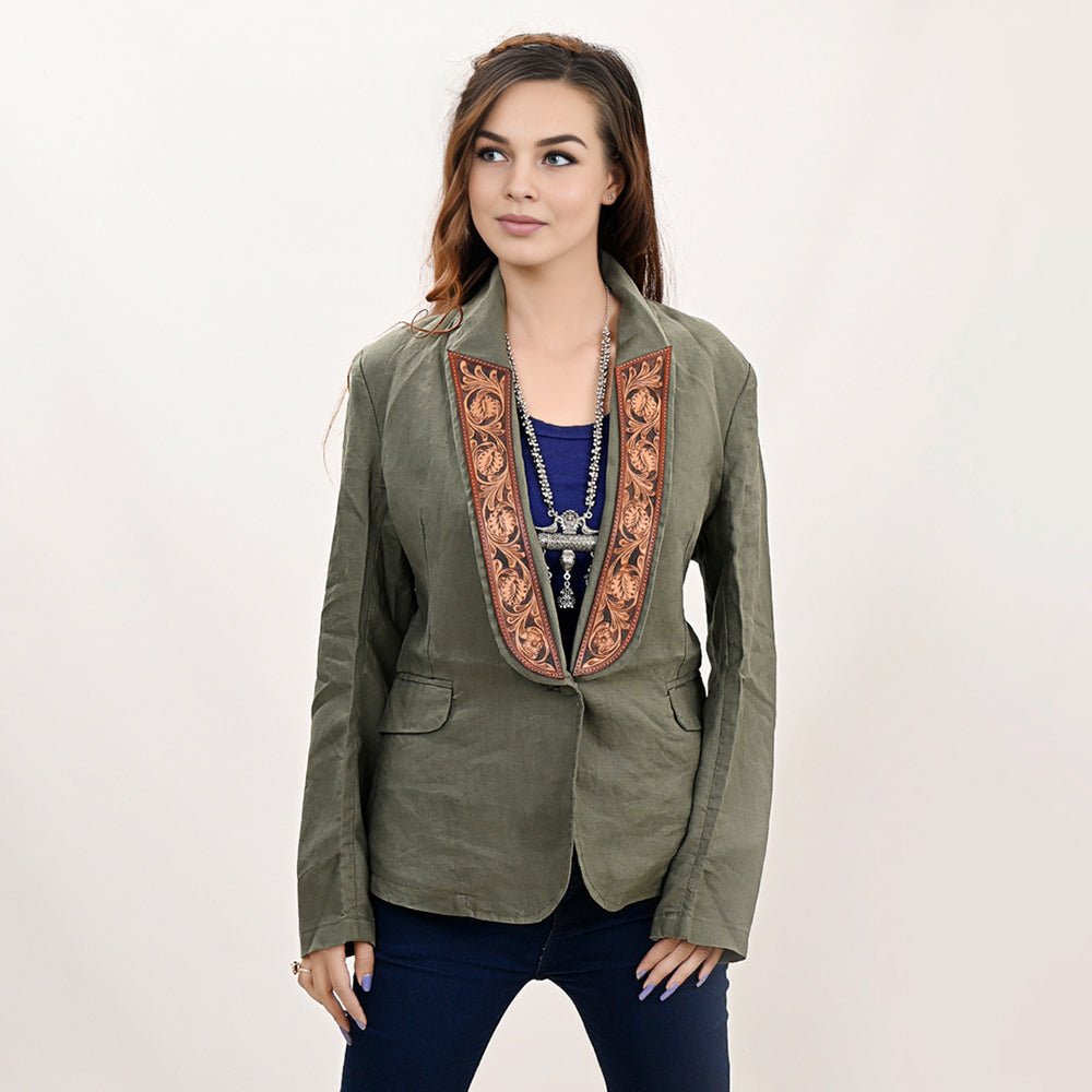 ADBZ035 Genuine leather Hand tooled hand carved Women Blazer dress jacket ladies Girl