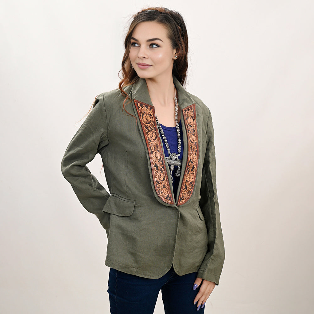 ADBZ035 Genuine leather Hand tooled hand carved Women Blazer dress jacket ladies Girl