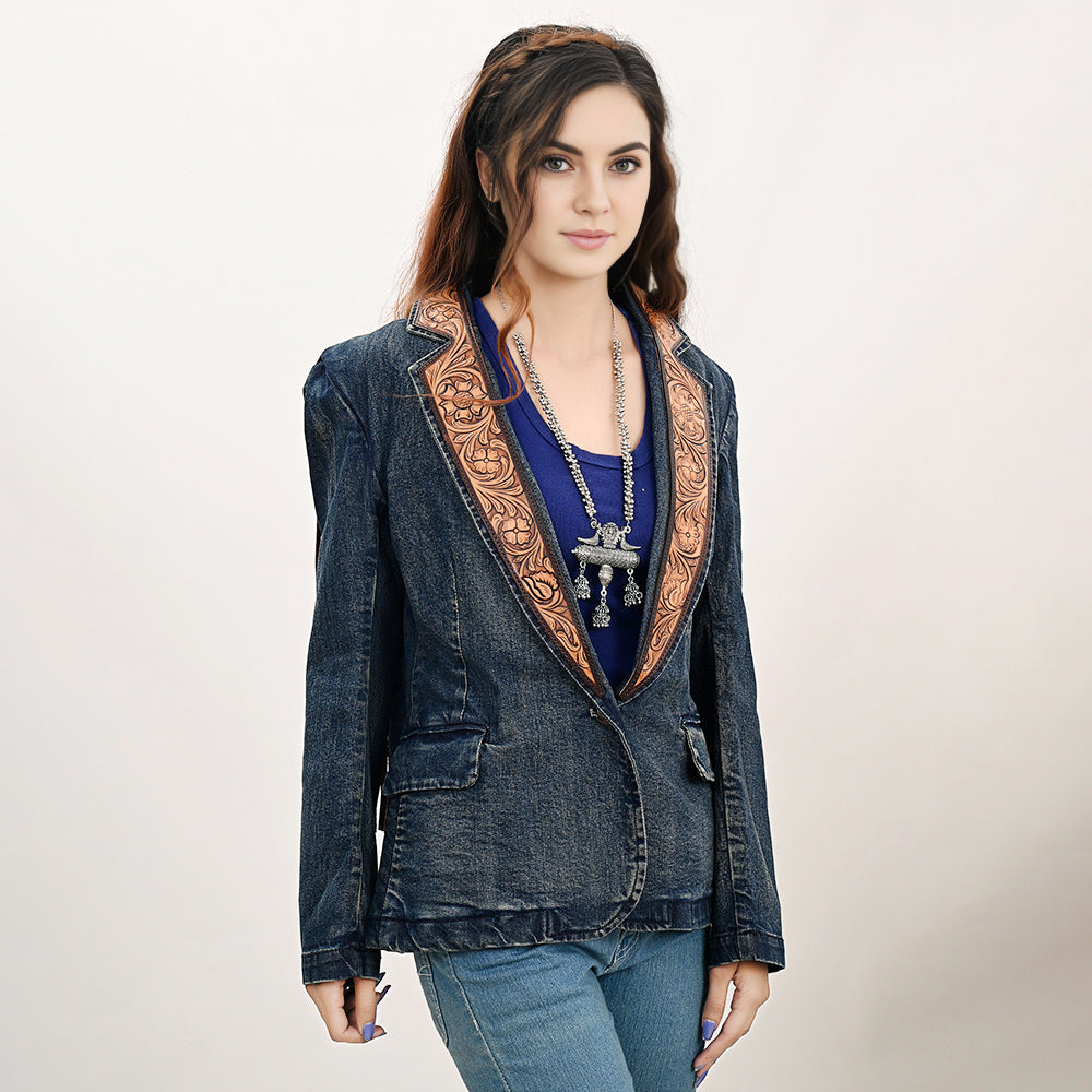 ADBZ044 Genuine leather Hand tooled hand carved Women 100% cotton Denim Blazer dress jacket ladies Girl