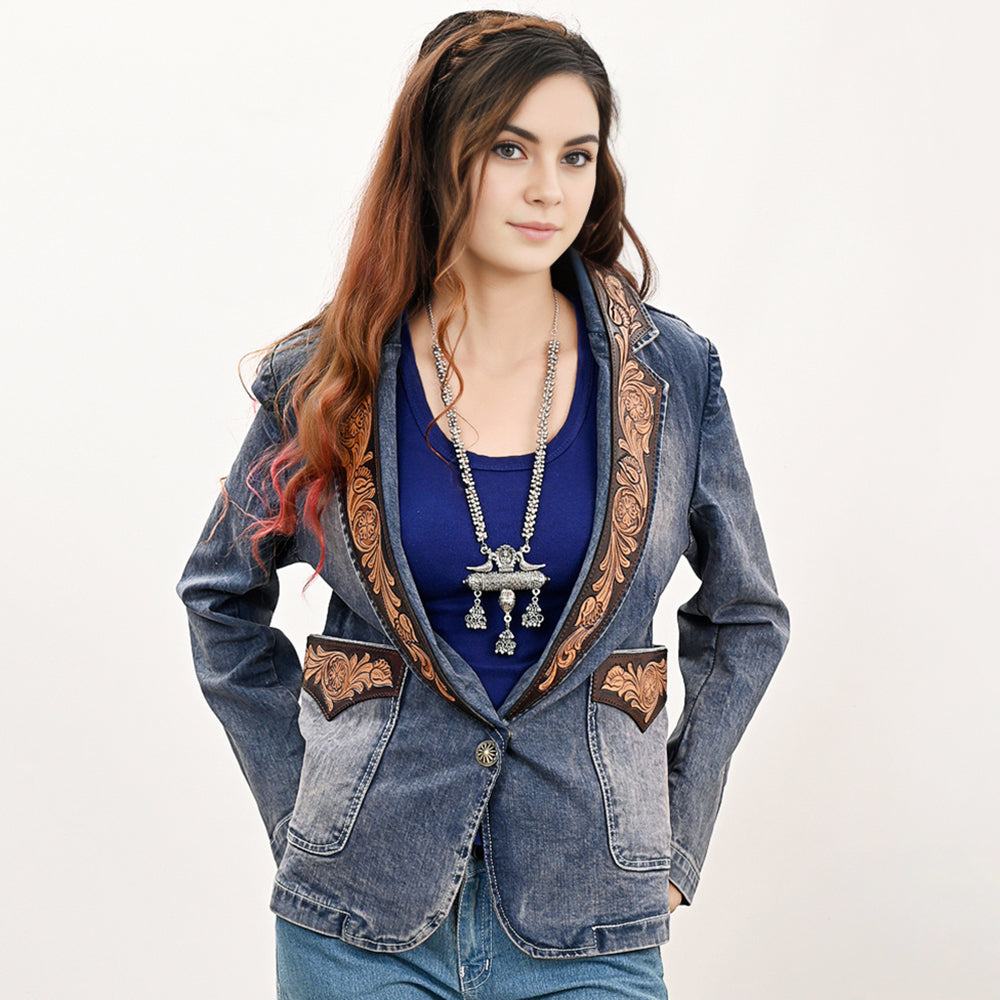 ADBZ045 Genuine leather Hand tooled hand carved Women 100% cotton Denim Blazer dress jacket ladies Girl