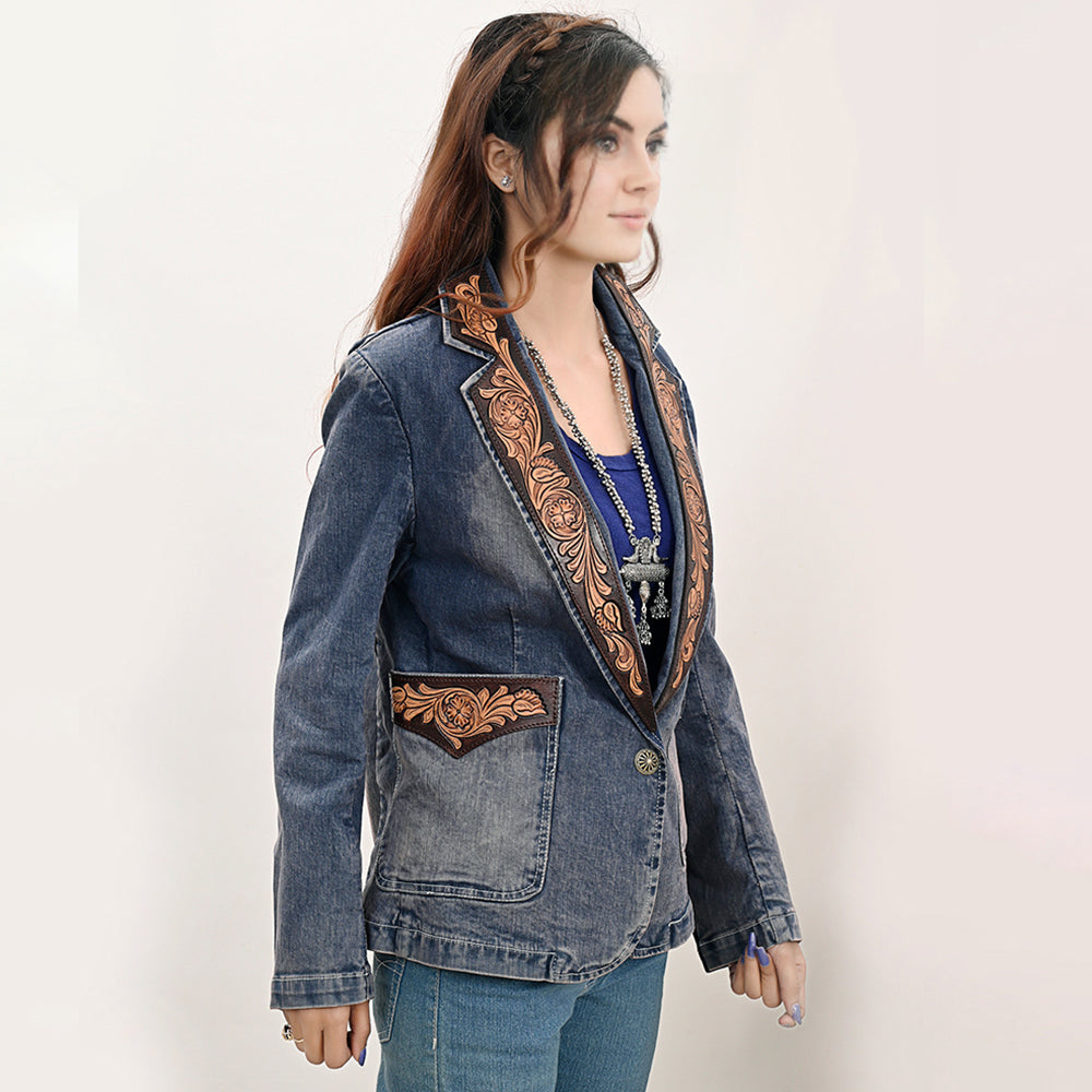 ADBZ045 Genuine leather Hand tooled hand carved Women 100% cotton Denim Blazer dress jacket ladies Girl