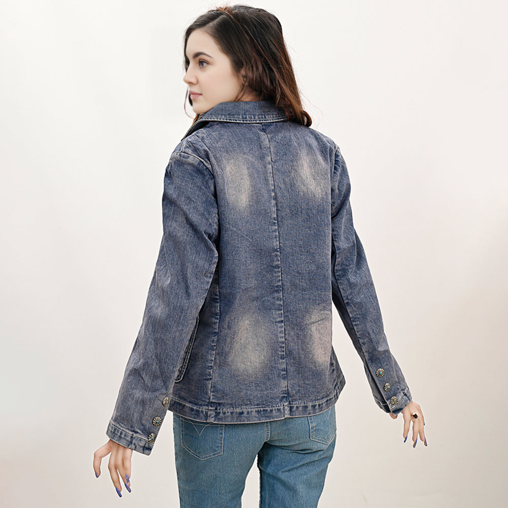 ADBZ045 Genuine leather Hand tooled hand carved Women 100% cotton Denim Blazer dress jacket ladies Girl