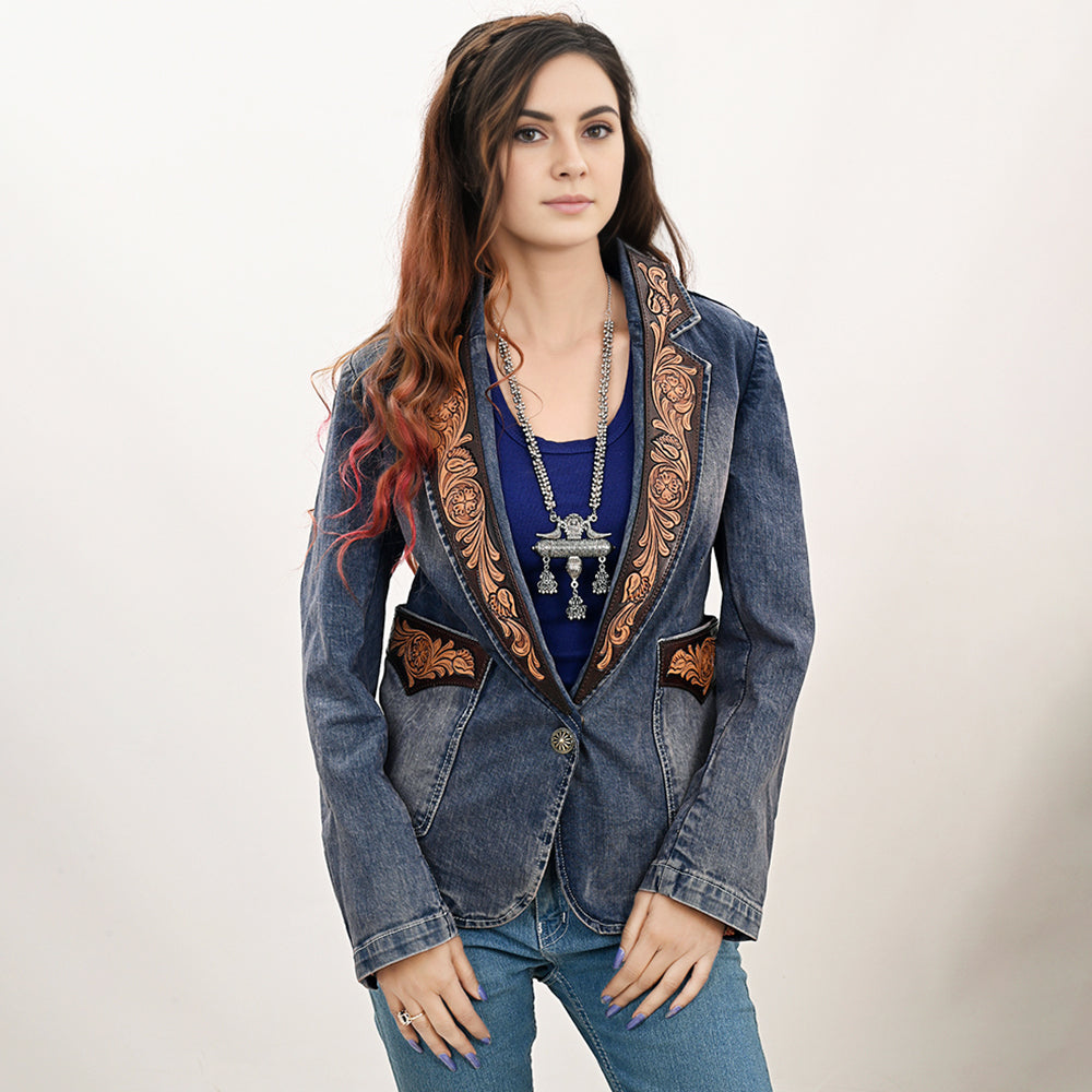 ADBZ045 Genuine leather Hand tooled hand carved Women 100% cotton Denim Blazer dress jacket ladies Girl