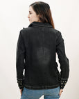 ADBZ048 Genuine leather Hand tooled hand carved Women 100% cotton Denim Blazer dress jacket ladies Girl
