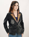 ADBZ049 Genuine leather Hand tooled hand carved Women 100% cotton Denim Blazer dress jacket ladies Girl
