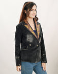 ADBZ049 Genuine leather Hand tooled hand carved Women 100% cotton Denim Blazer dress jacket ladies Girl
