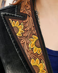 ADBZ049 Genuine leather Hand tooled hand carved Women 100% cotton Denim Blazer dress jacket ladies Girl