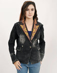 ADBZ049 Genuine leather Hand tooled hand carved Women 100% cotton Denim Blazer dress jacket ladies Girl