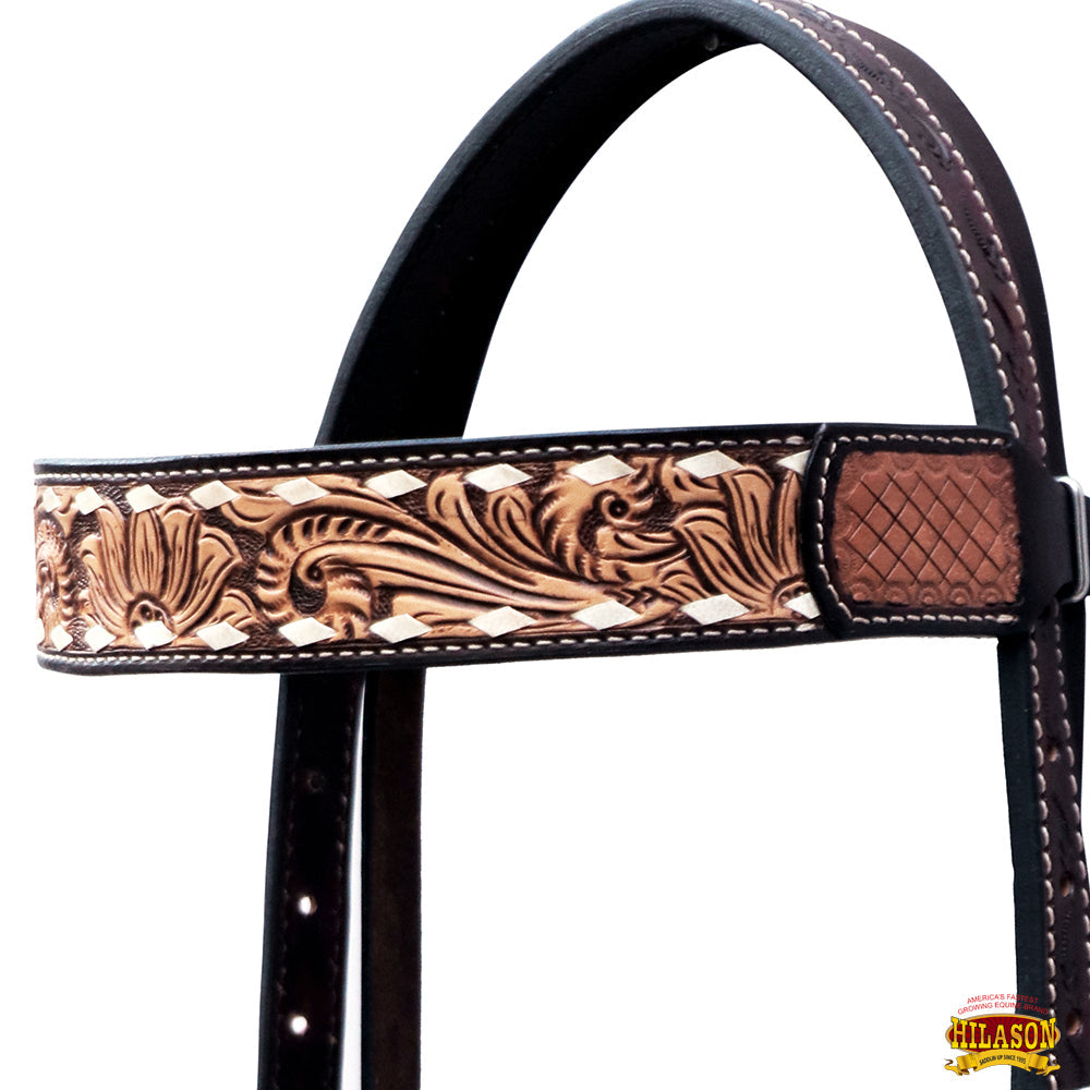 Hilason Horse Floral Hand Carved American Leather Breast Collar Headstall Dark Brown