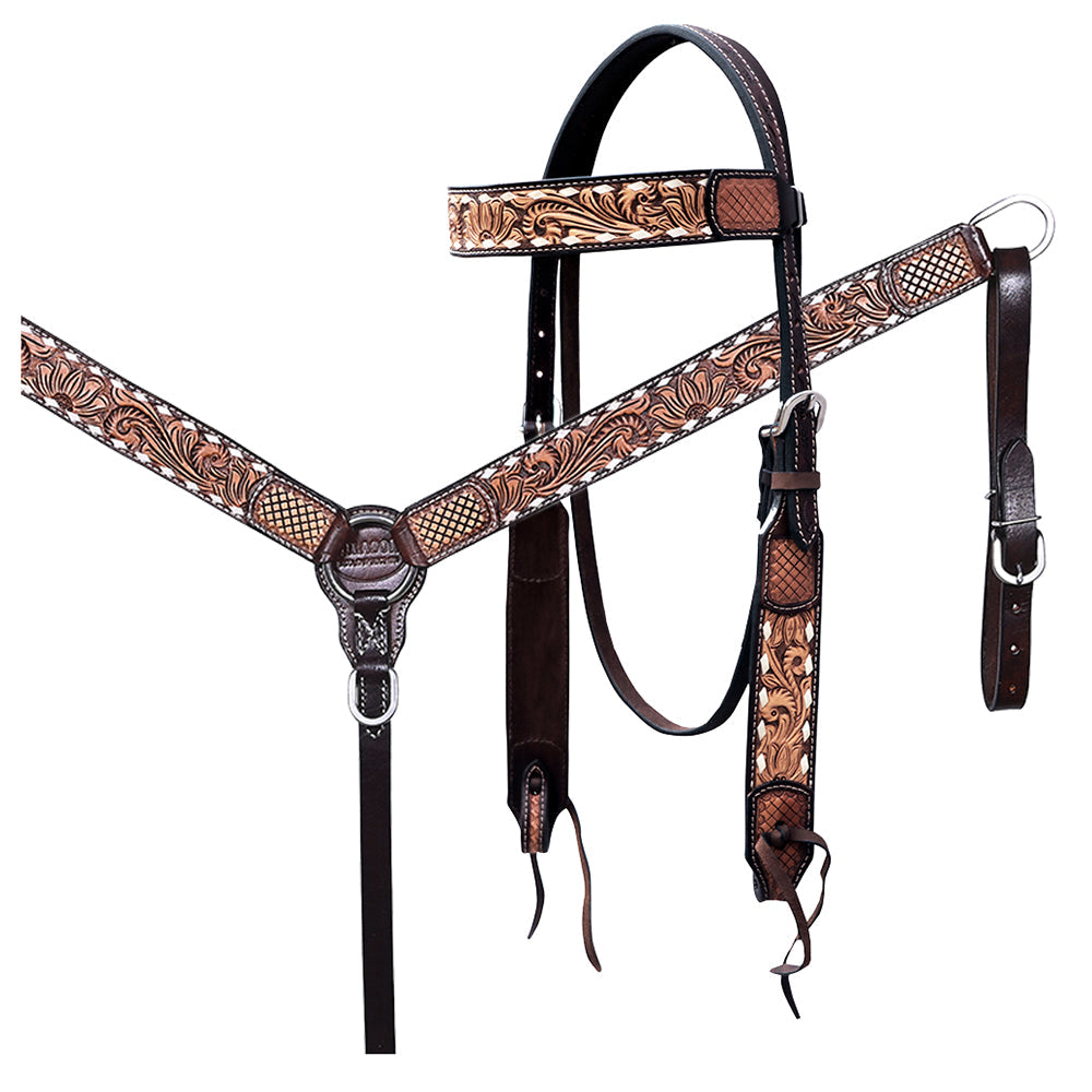 Hilason Horse Floral Hand Carved American Leather Breast Collar Headstall Dark Brown