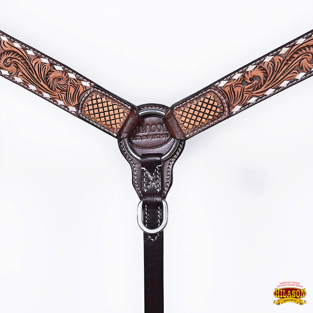 Hilason Horse Floral Hand Carved American Leather Breast Collar Headstall Dark Brown
