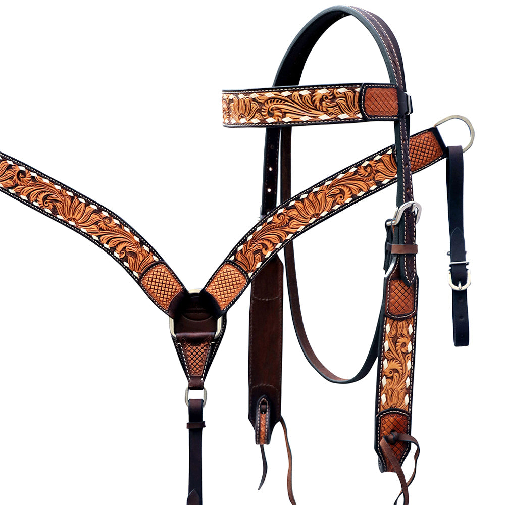 Hilason Horse Floral Hand Carved American Leather Breast Collar Headstall Dark Brown