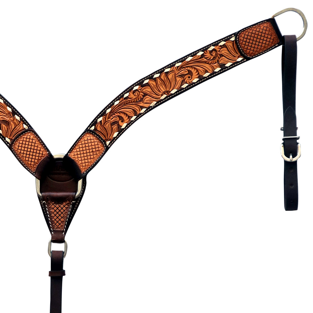 Hilason Horse Floral Hand Carved American Leather Breast Collar Headstall Dark Brown