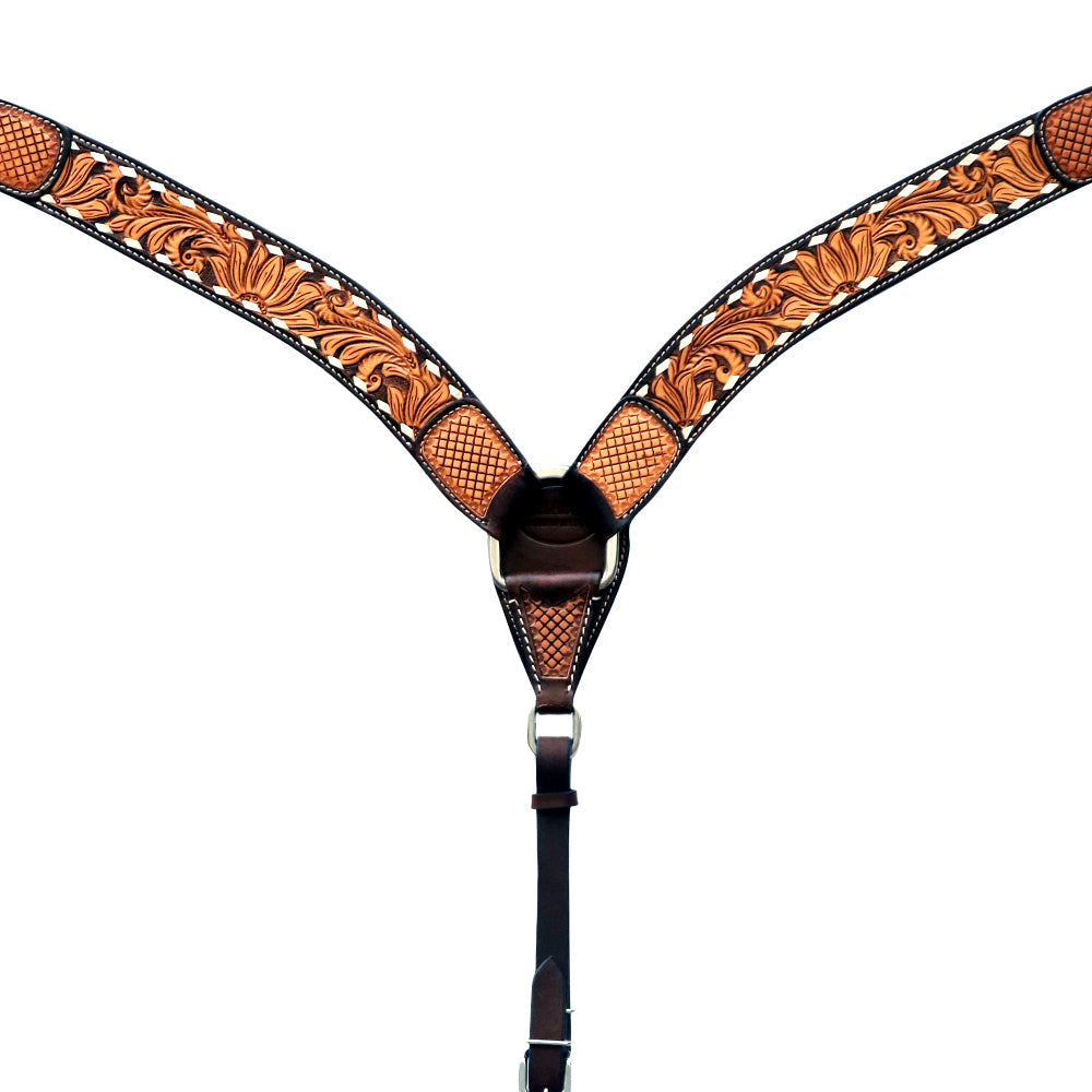 Hilason Horse Floral Hand Carved American Leather Breast Collar Headstall Dark Brown