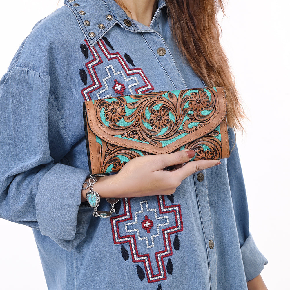 OHLAY WALLET Hand Tooled Hair-on Genuine Leather women bag western handbag purse