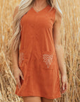 Western Corduroy Embroidered Patch Pocket Mini Dress