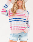 Stripe Eyelet Knit Drop Shoulder Sweater