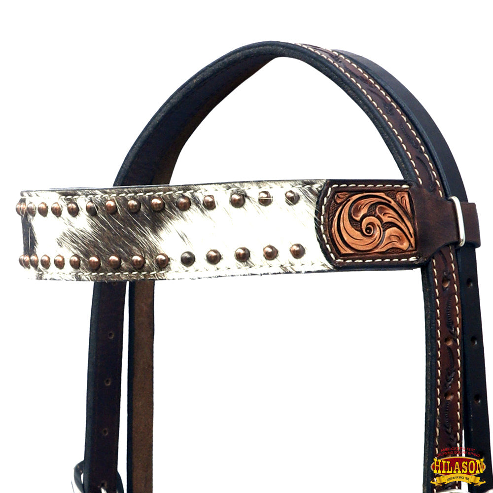 Hilason Horse Hand Carved American Hair On Leather Breast Collar Headstall Brown